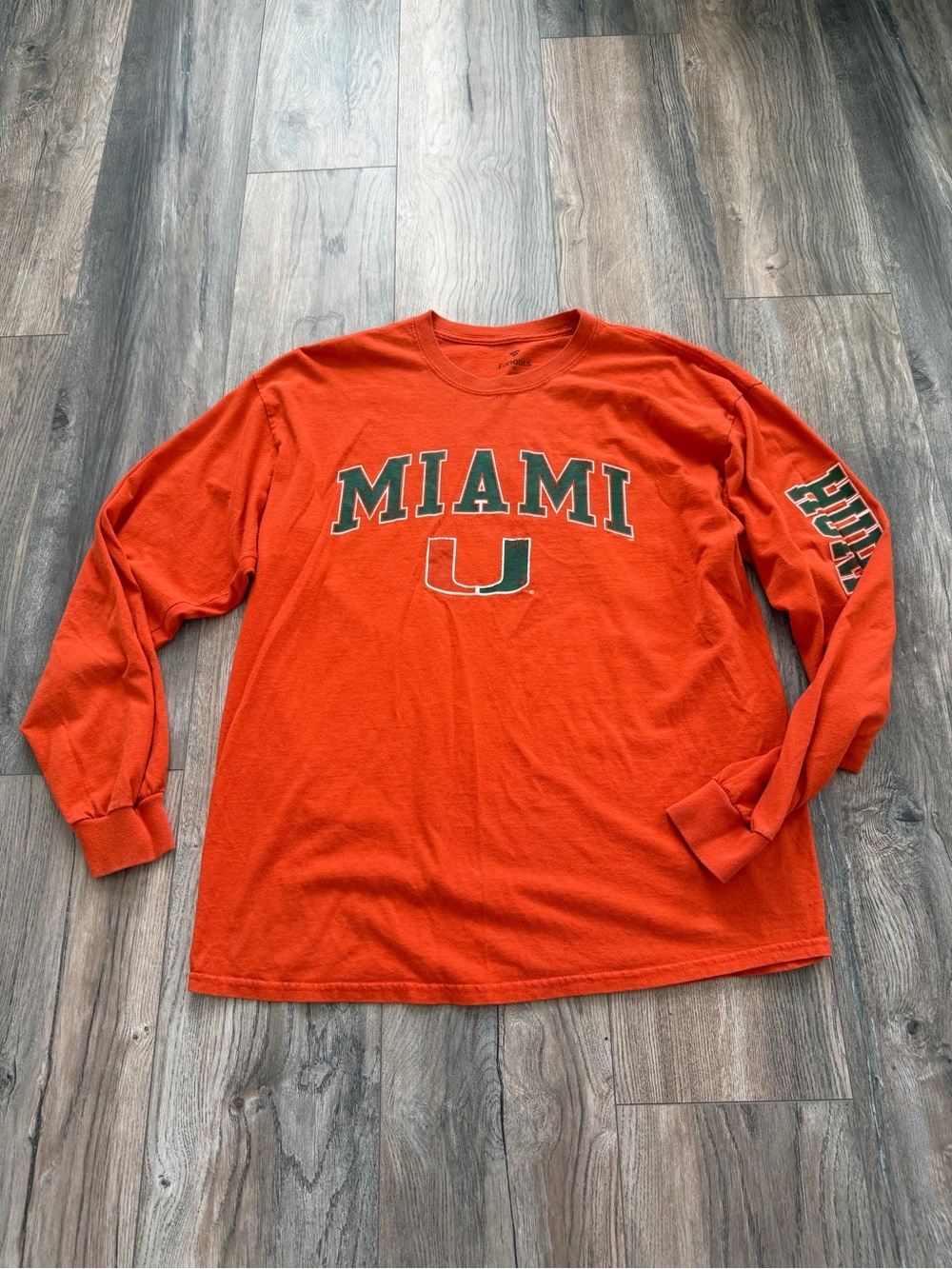 Fanatics Miami Hurricanes Orange Long Sleeve Tee with Green Accent Mens size XL